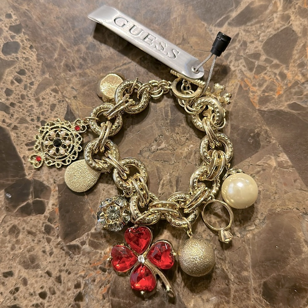 Guess Gold Bracelet with charms, Gold + Black + Red + White